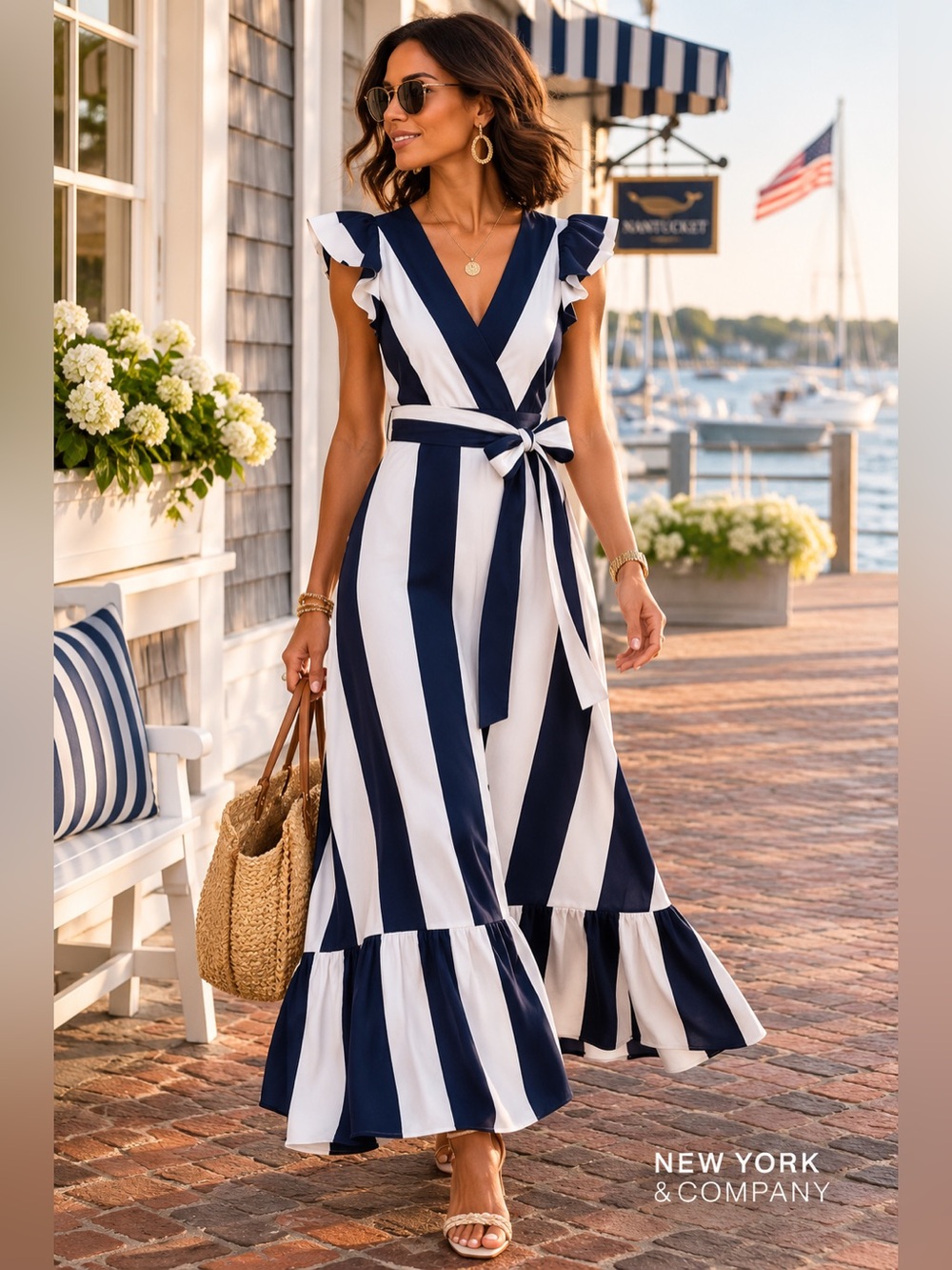 New York & Co.,YachtWear Navy/White Striped Flounce Dress,Flutter Sleeves,Size S